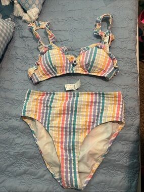 J. Crew Pastel Rainbow Striped Ruffle Bikini Set